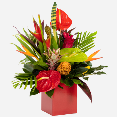 Hot Tropics - Ignite the passion with a unique, unforgettable romantic surprise of tropical flowers and foliage. PLEASE NOTE: this product may not be possible for same day delivery.