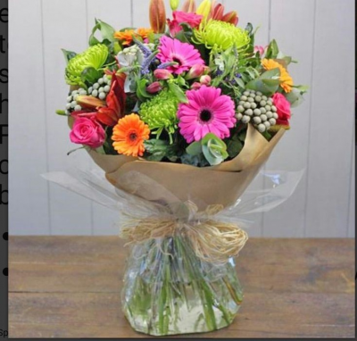 Summer Sunshine - A beautiful hand tie of Chrysanthemums, Gerberas, Oriental lilies and foliage