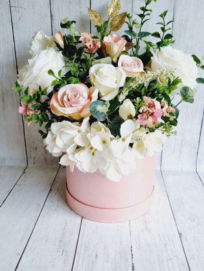 Hannah Hat Box - Beautiful hat box full of pink and white roses and carnations