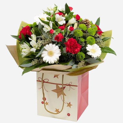 Holiday Splendour - A classic Christmas bouquet delivered in a festive gift bag, Holiday Splendour is certain to be a hit. Put together by hand and delivered by a florist local to you. Delivery right up to Christmas Eve 2023