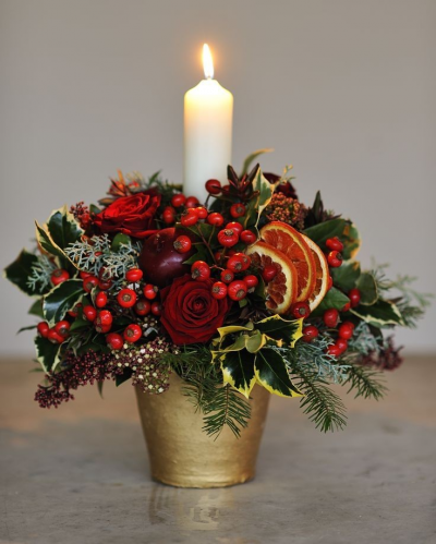 Potted Flower Arrangement - Flower Arrangement in a nice festive pot to include a candle