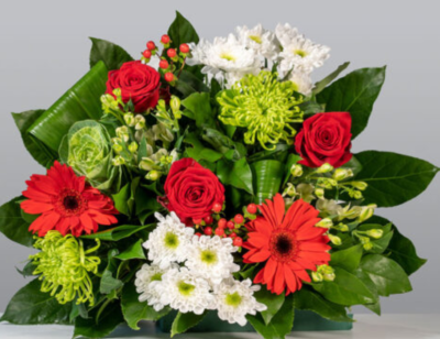 Yuletide Bouquet - A beautiful festive Bouquet filled with Red Roses Gerberas & Chrysanthemum delivered as a hand tie arrangement